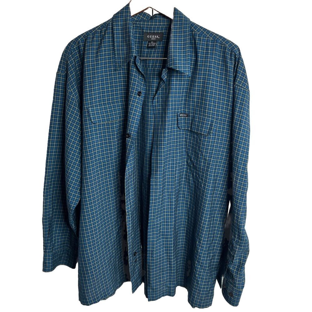 Guess Shirt‎ Mens XXL Blue Plaid Button Up Long Sleeve